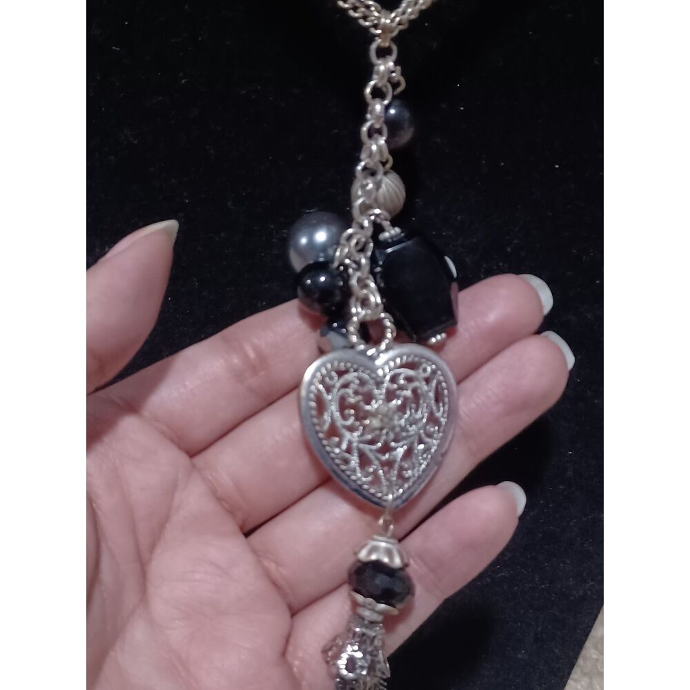 Silver-Tone Necklace w/ Tasseled Filigree Heart Pendant & Beaded Accents, 24" - Picture 4 of 5